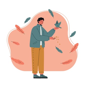 Man feeding birds with scattered feathers in a casual outfit in peaceful outdoor scene vector