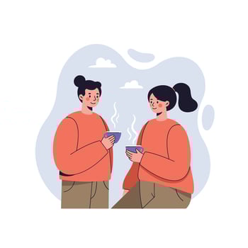 Two people enjoying hot drinks together in casual orange sweaters with serene sky background digital illustration vector