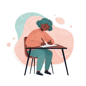 Young person sitting at desk writing with pencil in casual clothing and focused expression in abstract background vector