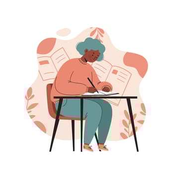 Woman writing at desk with papers and abstract plant shapes in background pastel colors vector