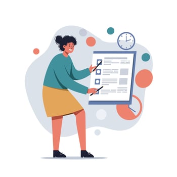 Woman completing checklist on large clipboard with clock in background in office setting vector
