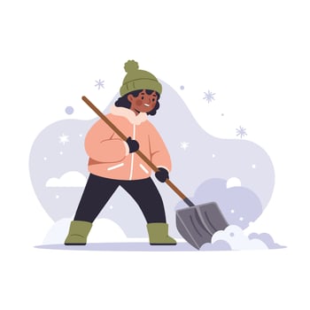Child Shoveling Snow in Winter Clothing with Green Hat and Boots Outdoor Scene vector