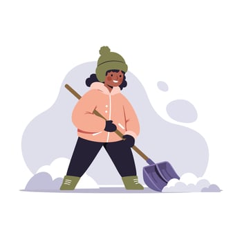 Person shoveling snow outdoors in winter clothing with green hat and boots in cold weather activity vector