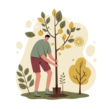 Man planting lemon tree in garden with autumn colours and natural landscape background vector