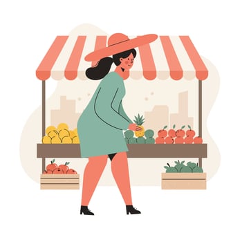 Woman shopping fresh fruits at outdoor market stall with striped canopy in soft pastel colors vector
