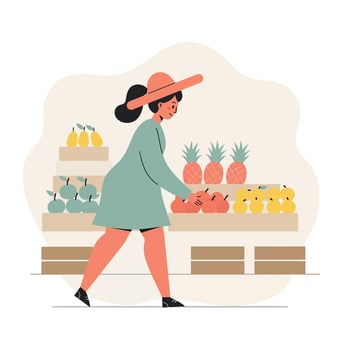 Woman wearing hat shopping for fresh fruit at market stall with pineapples apples and pears vector