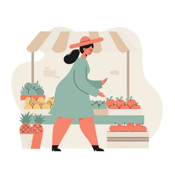 Woman shopping fresh fruits at outdoor market stall wearing hat and green coat in casual lifestyle scene vector