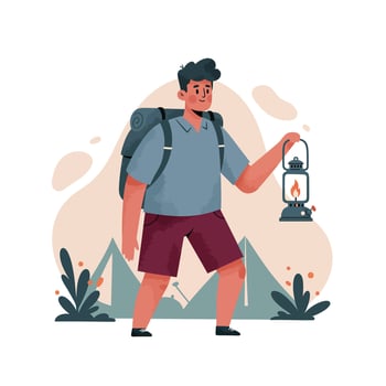 Hiker with backpack holding lantern on camping trip in nature landscape illustration vector