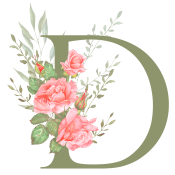 Hand painted watercolor floral alphabet - letter D. The letter of the alphabet is olive colored and decorated with watercolor roses. Wedding, birthday, children's party, any creative ideas. png