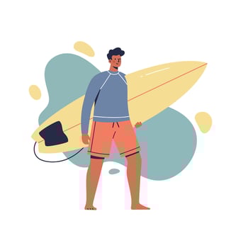 Surfer carrying yellow surfboard in casual beachwear with blue background abstract shape illustration vector