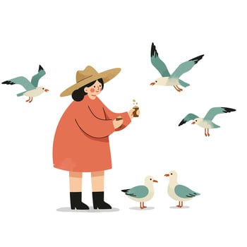 Woman in wide brim hat feeding seagulls in autumn outfit outdoor nature scene illustration vector