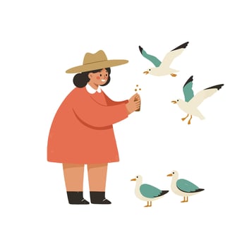 Woman feeding seagulls in casual outfit with hat and boots outdoor nature scene illustration vector
