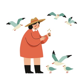 Woman feeding birds wearing hat and orange dress in casual outdoor scene illustration vector