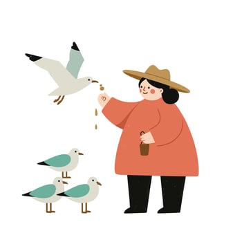 Woman in hat feeding seagulls with bread crumbs illustration in simple flat style vector