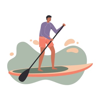 Man Paddleboarding on Stand Up Paddleboard in Casual Outfit Outdoor Water Sport Activity vector