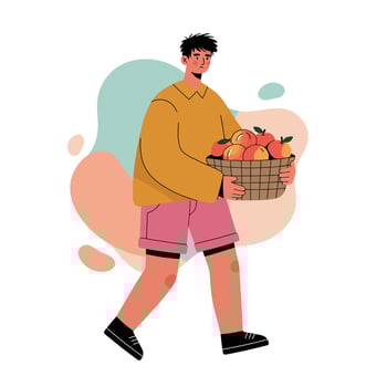 Young man carrying basket with fresh apples in casual outfit walking illustration for healthy lifestyle and nutrition concept vector