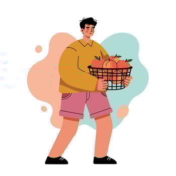 Young man carrying basket of fresh apples in casual clothing illustration for healthy lifestyle and fruit picking themes vector