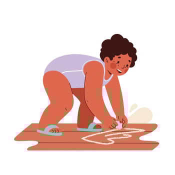 Child drawing with chalk on wooden floor illustration of playful kid creating art indoors vector
