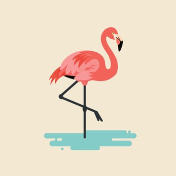 Flamingo standing on one leg in water flat design illustration with pink and blue colors vector