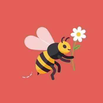 Cute bee holding flower illustration with red background and simple design elements vector