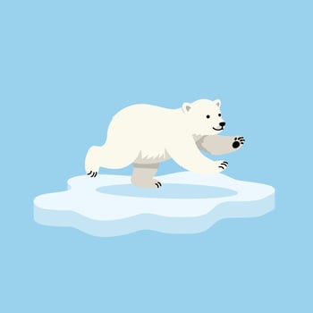 Polar bear standing on melting ice floe with blue background illustration for environmental awareness and wildlife protection vector