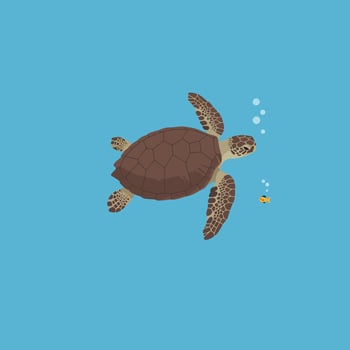 Sea turtle swimming underwater near small fish in calm blue ocean illustration vector