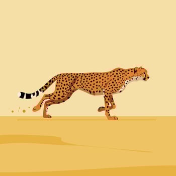Cheetah running fast in dry desert landscape illustration with warm beige background and natural tones vector