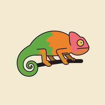 Chameleon colorful reptile lizard sitting on branch illustration with green orange pink hues vector