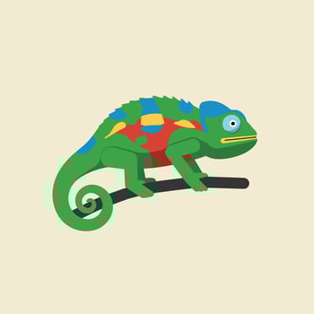 Colorful chameleon sitting on branch illustration in green blue red yellow colors natural animal reptile design vector