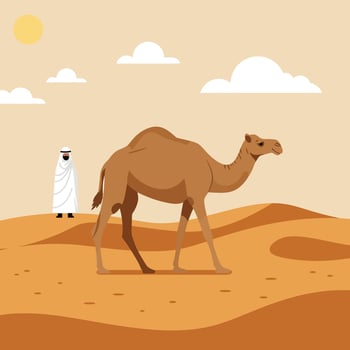 Camel walking in desert landscape with man wearing traditional clothing under sun and clouds illustration vector