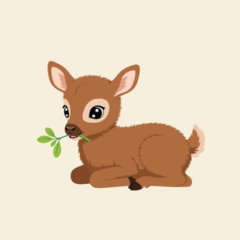 Baby deer lying down with green leaves in mouth cute animal wildlife illustration natural background vector