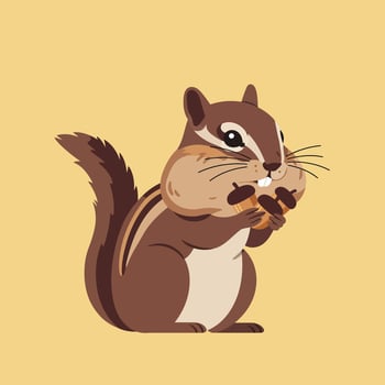 Cute chipmunk cartoon eating nut illustration with brown and beige colors on soft yellow background vector