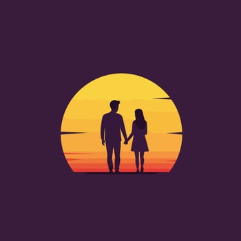 Couple holding hands silhouette against orange yellow sunset background romantic love concept illustration vector