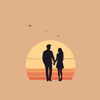 Couple holding hands walking at sunset with birds flying in warm orange background illustration vector