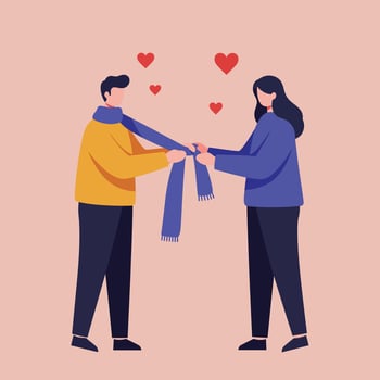 Couple sharing blue scarf with floating red hearts romance love illustration art vector
