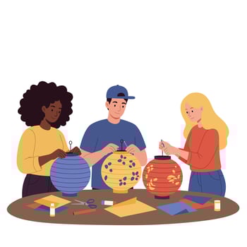 Group of Diverse People Decorating Colorful Paper Lanterns Together for Creative Leisure Activity vector