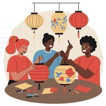 Group of friends making traditional paper lanterns in creative home activity with red and beige colors vector