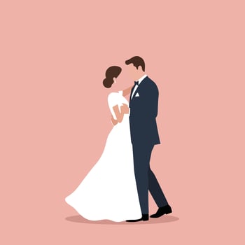 Bride and groom embracing in wedding dance illustration with elegant attire on soft pink background vector