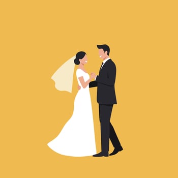 Bride and groom wedding couple exchanging vows in elegant attire on yellow background illustration vector