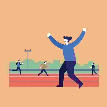 Runner crossing finish line celebrating victory on outdoor track with competitors in background illustration vector