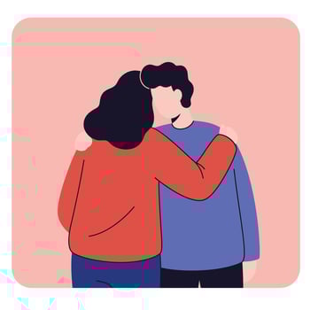 Two people embracing in a warm hug showing affection and support with simple colorful illustration style vector