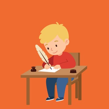 Young boy writing with quill pen on paper sitting at wooden desk in orange background illustration vector