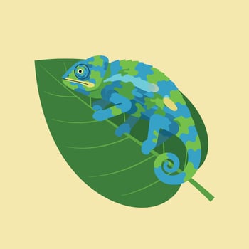 Blue and green chameleon sitting on a large green leaf illustration with beige background natural animal design vector