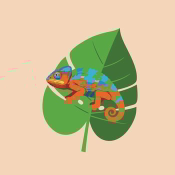 Colorful chameleon resting on green tropical leaf illustration with natural background and detailed body patterns vector