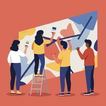 Group of people painting abstract mural together in creative collaboration with colorful brush strokes and artistic teamwork illustration vector