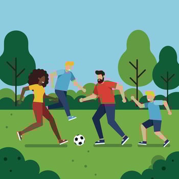 Diverse group of people playing soccer in park with green trees and blue sky illustration vector