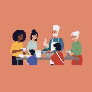 Diverse group volunteering serving food at community kitchen helping people in need illustration vector