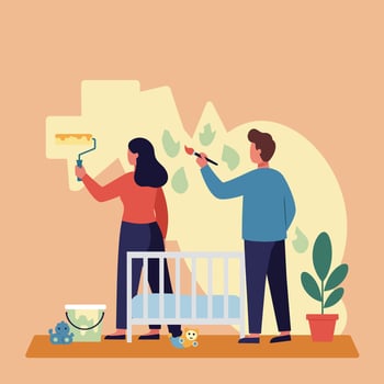 Young couple painting nursery room together with baby crib and toys in cozy home interior illustration vector
