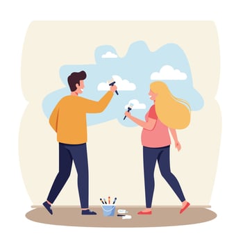 Man and woman painting clouds on wall with brushes in casual clothing illustration vector