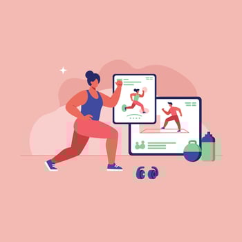 Woman exercising with digital fitness training app on screen and gym equipment in pink background illustration vector